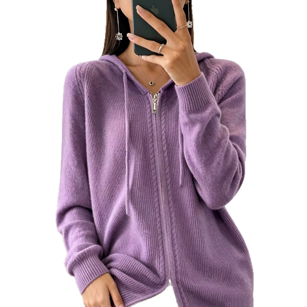 Damen Kapuzen-Cardigan mit Reißverschluss, feinem Feinstrick und gerippten Bündchen Drune