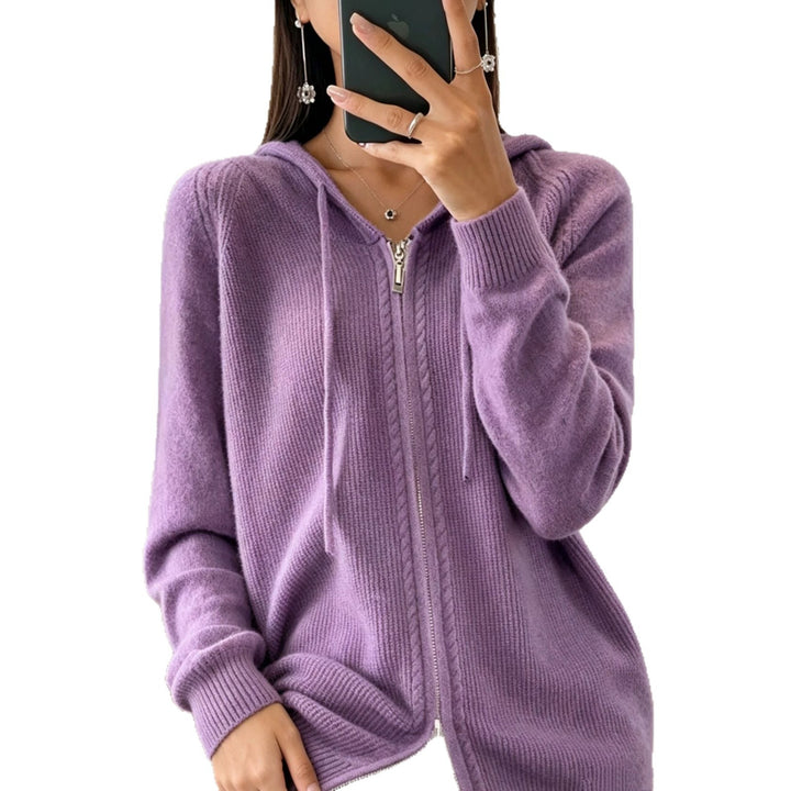 Damen Kapuzen-Cardigan mit Reißverschluss, feinem Feinstrick und gerippten Bündchen Drune