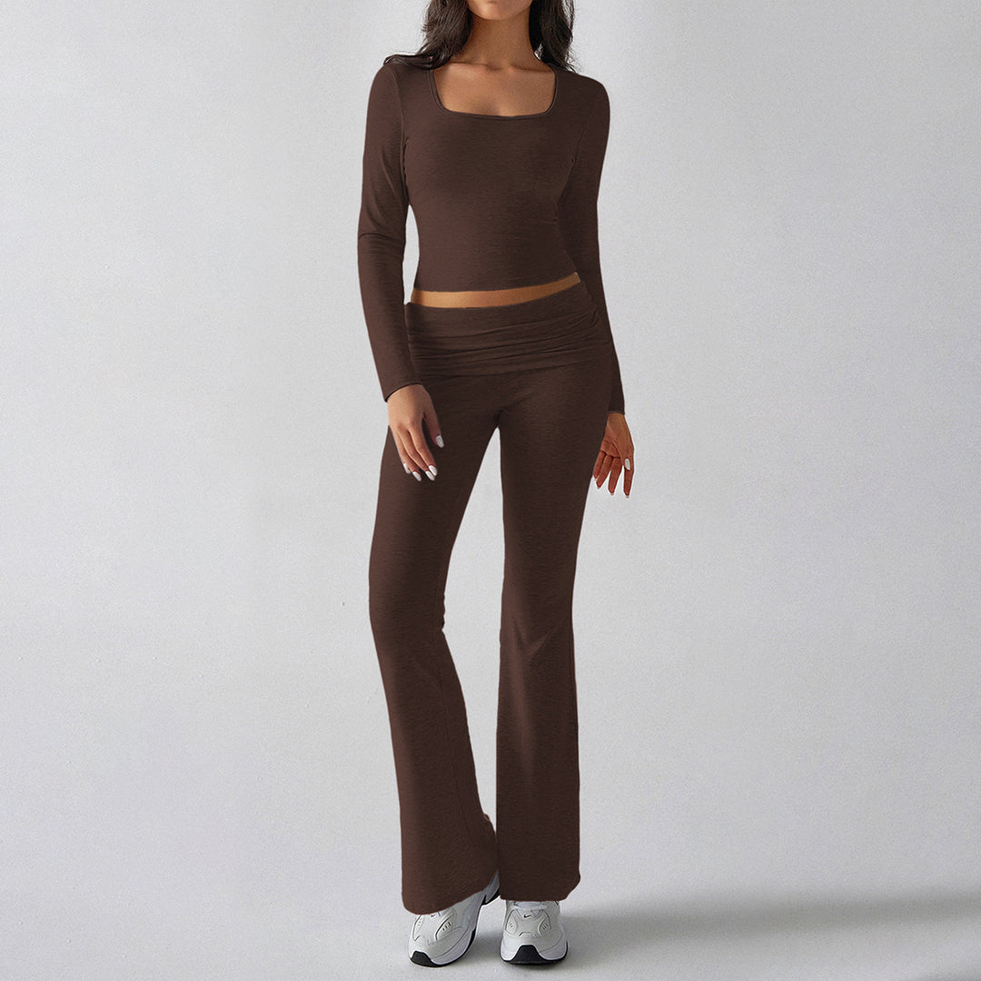 Damen nan figurbetontes Cropped-Set mit langärmeligem Top mit quadratischem Ausschnitt und ausgestellter High‑Waist Yoga-Hose Drune
