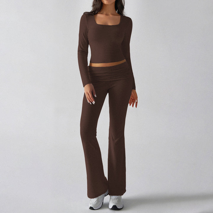 Damen nan figurbetontes Cropped-Set mit langärmeligem Top mit quadratischem Ausschnitt und ausgestellter High‑Waist Yoga-Hose Drune