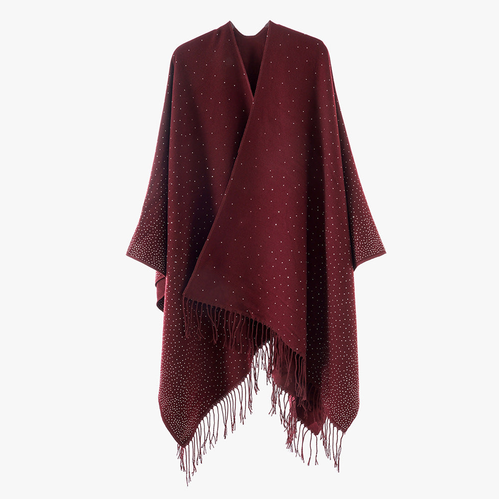 Damen Fransen‑Capeponcho im Oversize‑Fall mit dezentem Pünktchen‑Glanz Drune