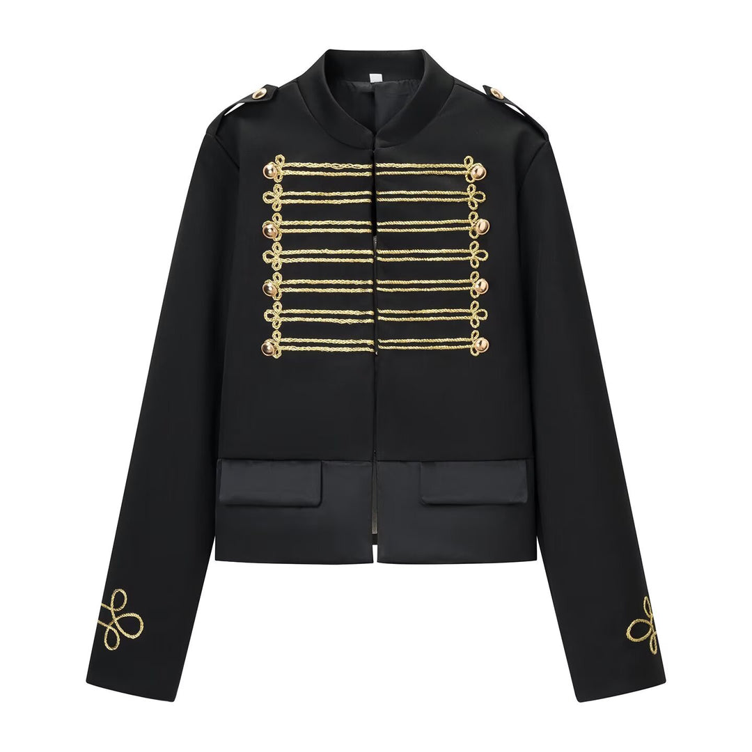 Damen Militärisch inspirierte Kurzjacke mit Goldkordel‑Applikation und Stehkragen Drune