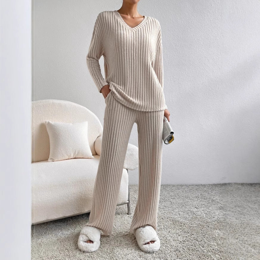 Frauen Rippstrick Lounge Set aus weichem Strick mit V-Ausschnitt und weitem Bein Drune