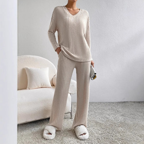 Frauen Rippstrick Lounge Set aus weichem Strick mit V-Ausschnitt und weitem Bein Drune