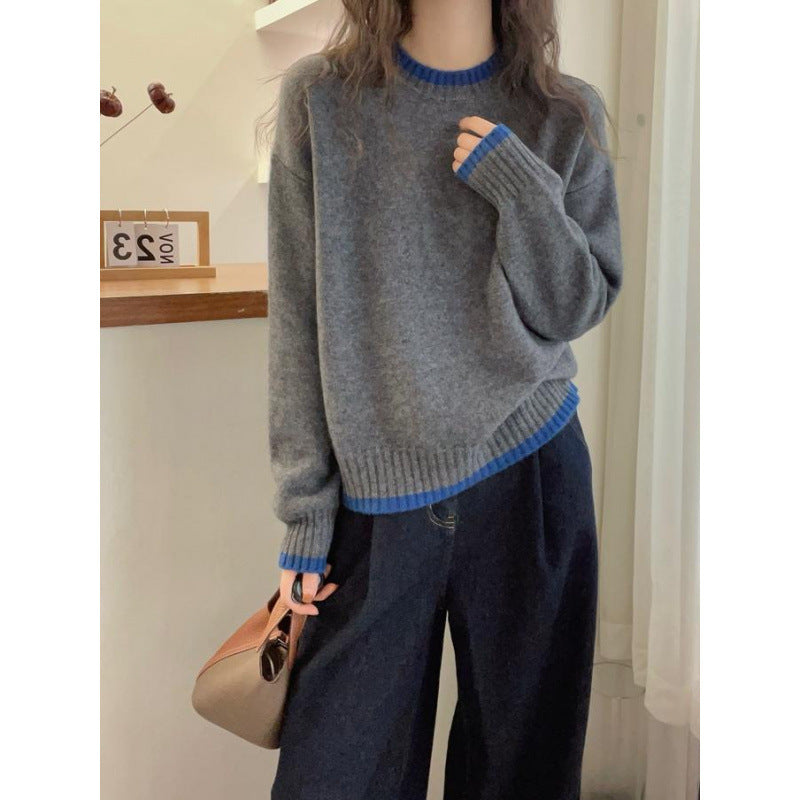 Damen Weicher Strickpullover mit kontrastierenden Bündchen Drune