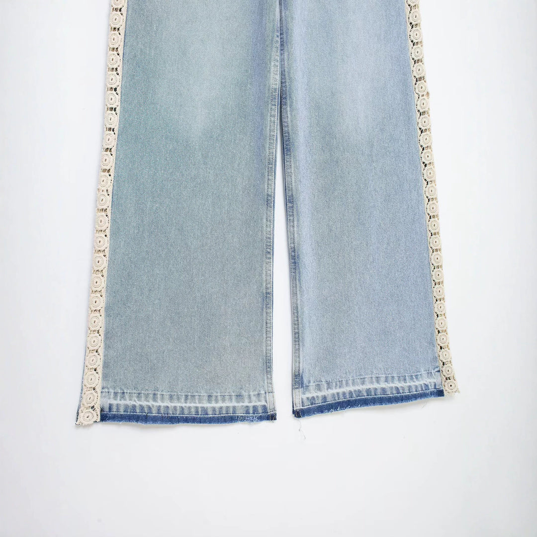 Damen Highwaist Cropped Wide‑Leg Jeans mit Häkelspitzen-Seitenstreifen Drune