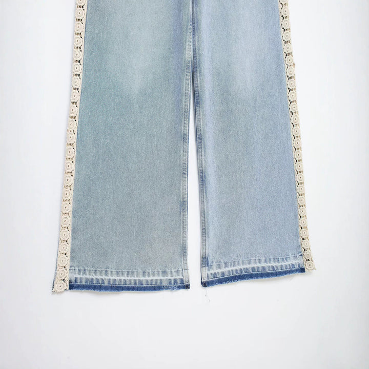 Damen Highwaist Cropped Wide‑Leg Jeans mit Häkelspitzen-Seitenstreifen Drune