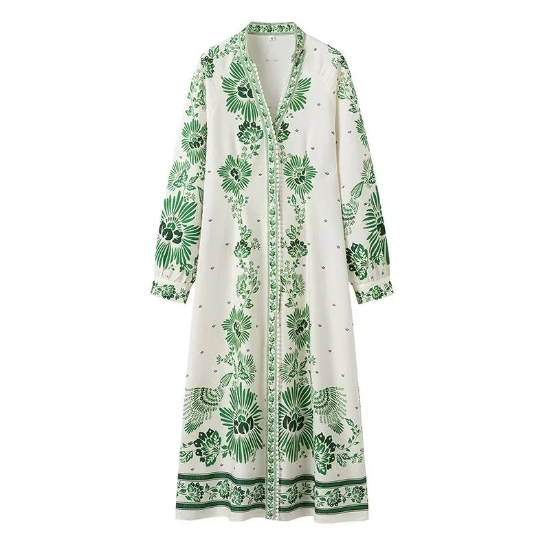 Damen Maxi-Kleid im Boho-Hemdstil mit Stehkragen und durchgehender Knopfleiste Drune