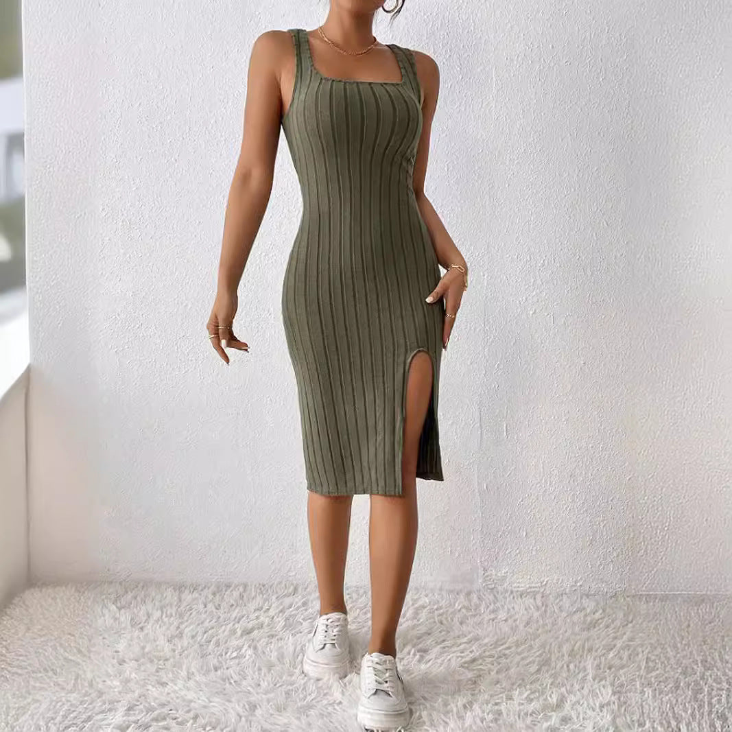 Damen Enganliegendes Ripp-Kleid mit Seitenschlitz und Spaghetti-Trägern Drune