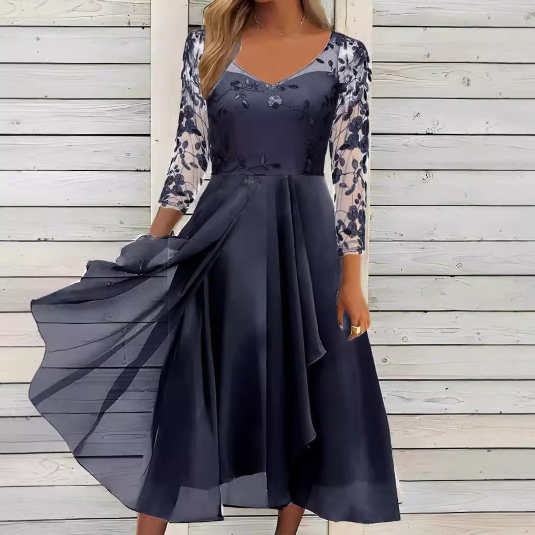 Damen nan elegantes Midikleid mit besticktem Tülloberteil, transparenten Dreiviertelärmeln und mehrlagigem Drapé-Rock Drune