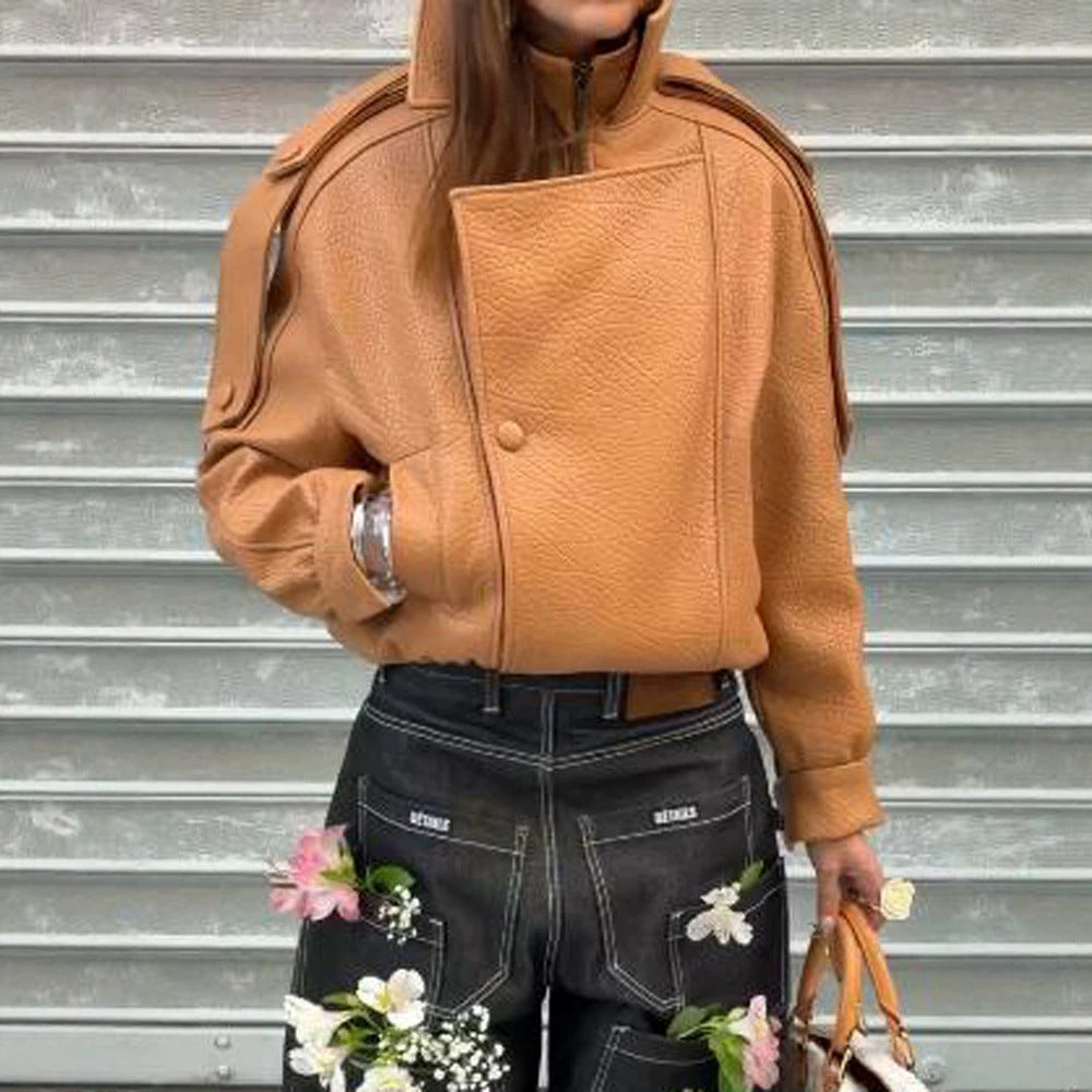 Damen Cropped Oversize-Jacke aus strukturiertem Kunstleder mit hohem Stehkragen Drune