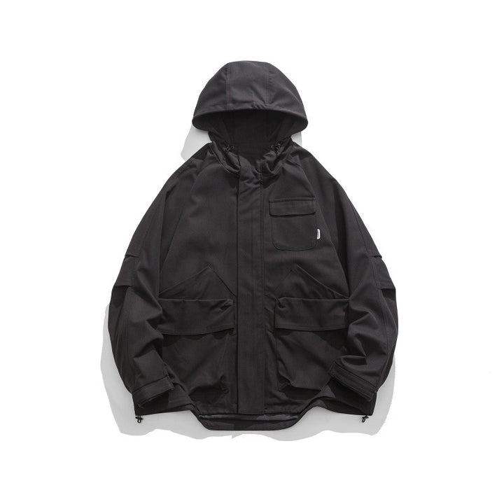 Unisex Boxy-Utility-Kapuzenjacke mit Mehrfachtaschen, verstellbarem Saum und winddichter Shell Drune