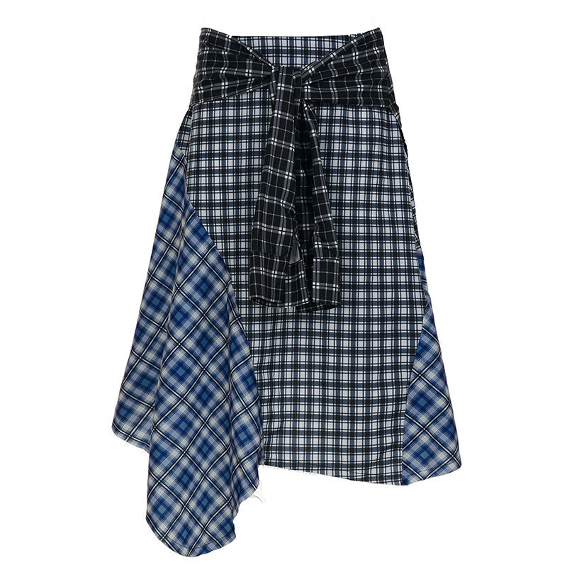 Damen Asymmetrischer Midirock im Karo-Patchwork mit Bundschärpe Drune