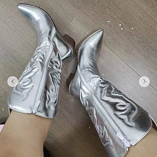 Damen nan metallische Westernstiefel mit mittelhohem Schaft dekorativer Stickerei und Seitenreißverschluss Drune