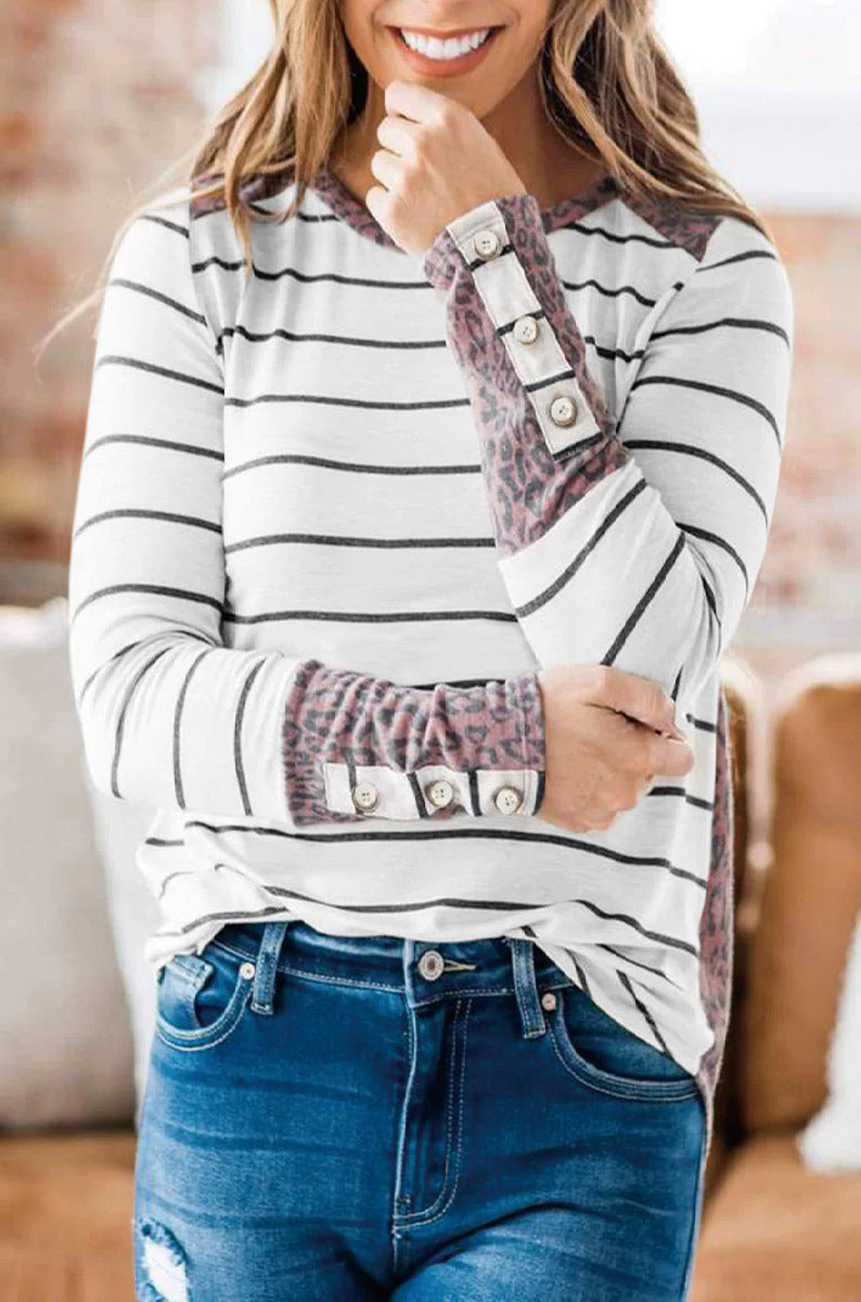Damen Lässiges Streifen‑Langarmshirt mit Knopfmanschetten und Leo‑Kontrast Drune