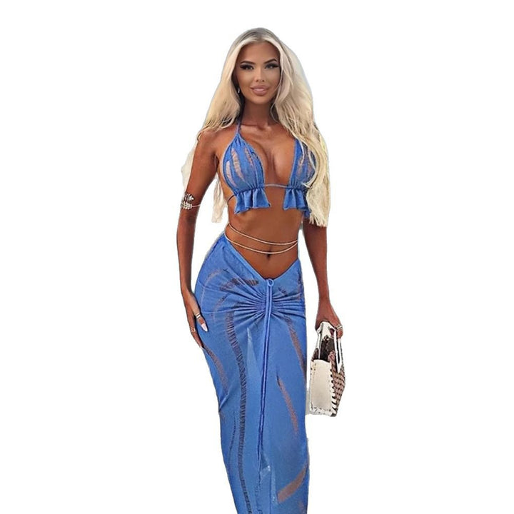 Damen Transparente Strandkleid Kombination mit Rüschen und Bindebändern Drune