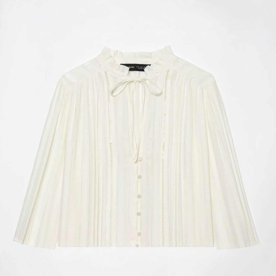 Damen Plissierte Bluse mit Rüschenkragen, Knopfleiste und Schleifenband Drune