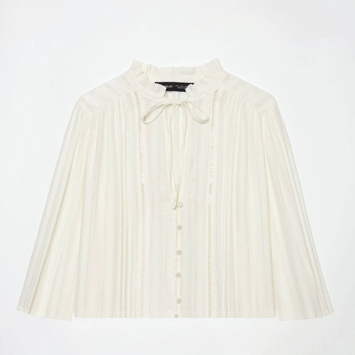 Damen Plissierte Bluse mit Rüschenkragen, Knopfleiste und Schleifenband Drune