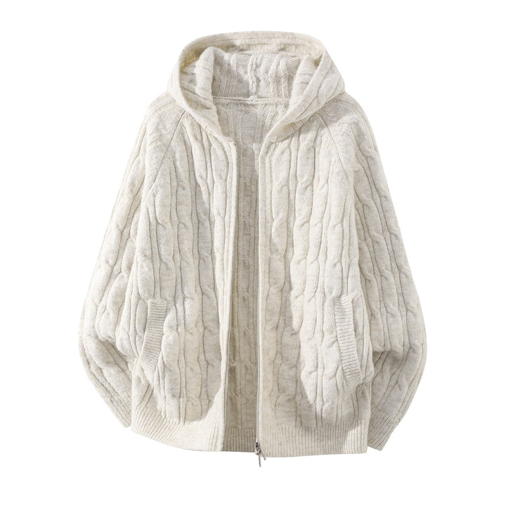Damen Oversize Kapuzen-Strickjacke mit Zopfmuster und teilbarem Reißverschluss Drune