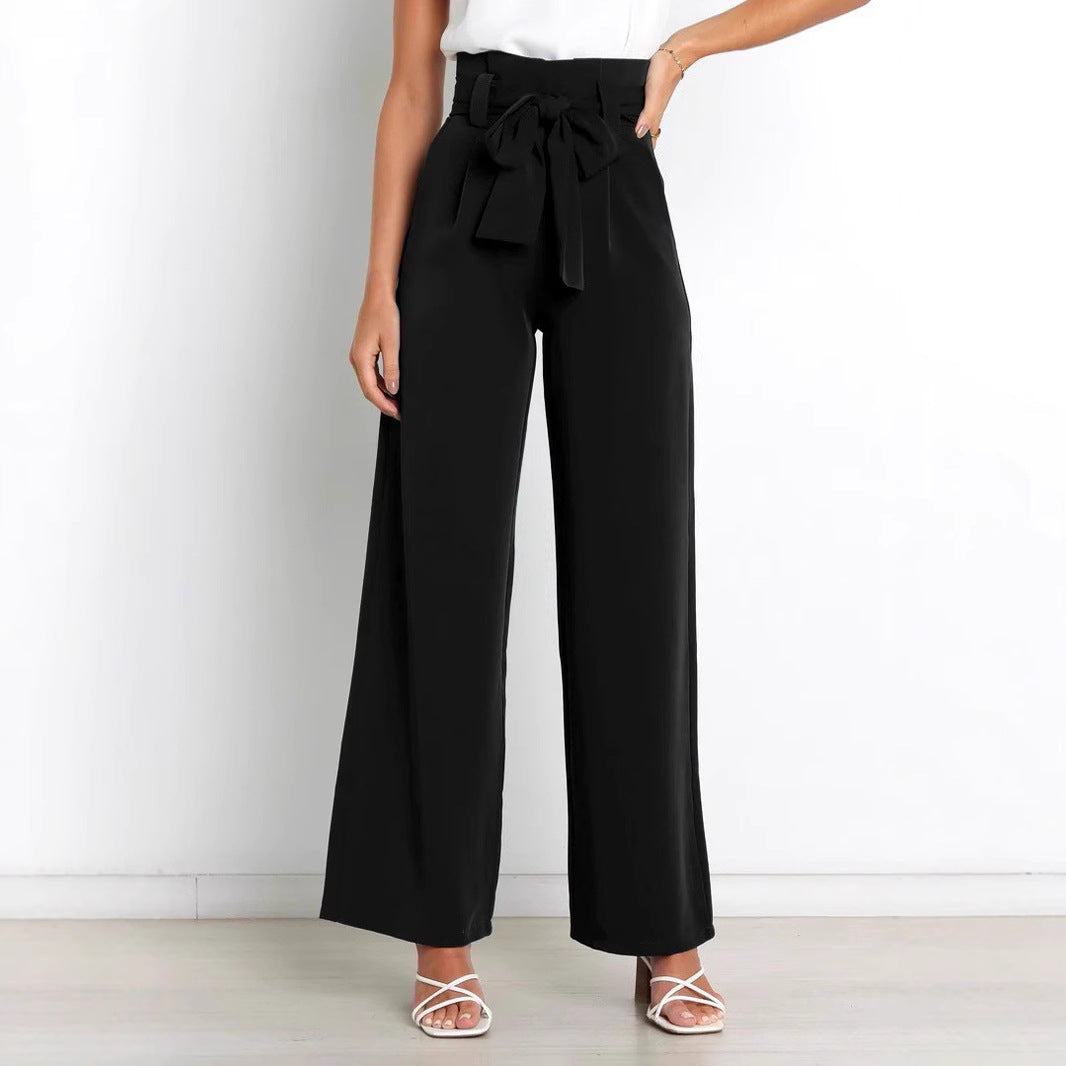 Damen Weite High-Waist Paperbag-Hose mit Bundfalten und Bindegürtel Drune