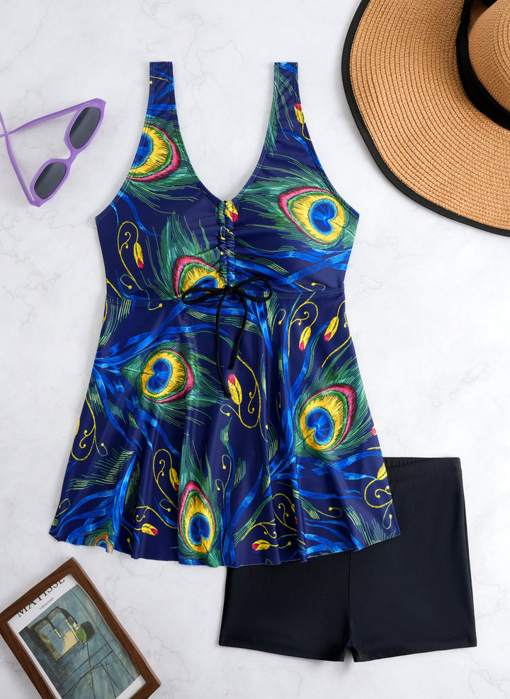 Damen Tankini-Set mit modischem Volant und grafischem Pfauenmuster Drune