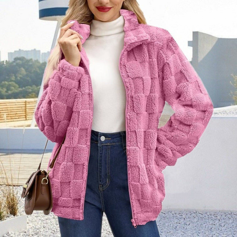 Damen Teddyjacke mit Karo-Struktur, Stehkragen und Reißverschluss Drune