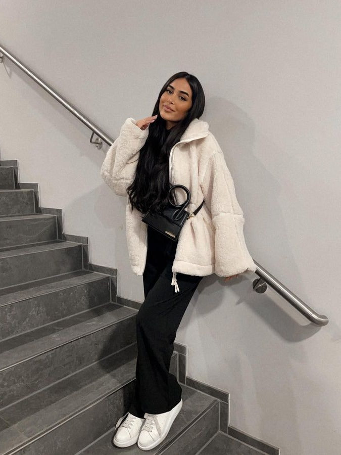 Damen nan oversized Sherpa-Outdoorjacke mit Zweiwege-Reißverschluss, hohem Stehkragen und verdeckten Eingrifftaschen Drune
