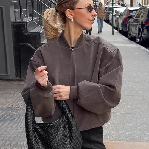 Damen Oversized Bomberjacke mit voluminösen Ärmeln und Stehkragen Drune