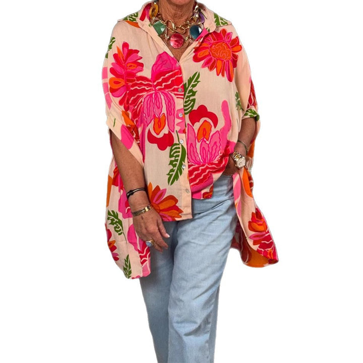 Damen Fließende Kimono-Bluse mit buntem Blumendesign Drune