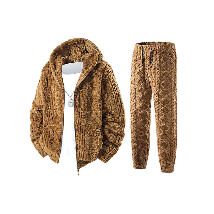 Herren Kuscheliges Sherpa-Fleece Set mit Kapuzenjacke und Strick‑Optik Jogginghose Drune