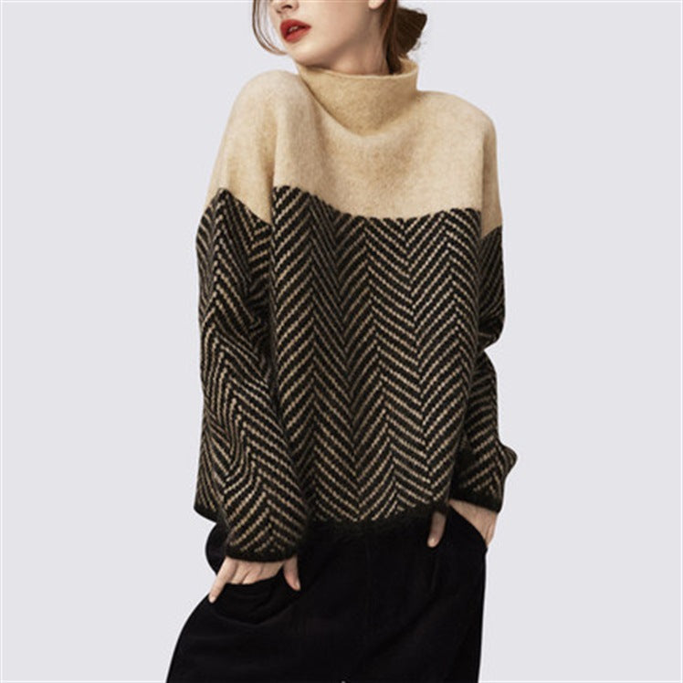 Damen gemütlicher Strickpullover mit modischem Zickzackmuster Drune