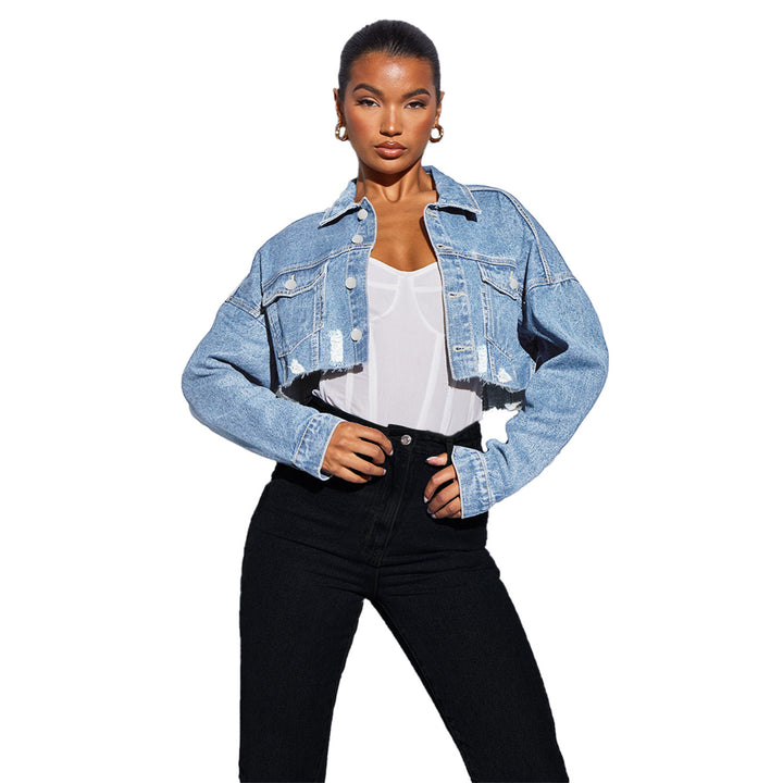 Damen Kurzgeschnittene Cropped-Denimjacke mit Raw‑Edge und Oversize-Ärmeln Drune