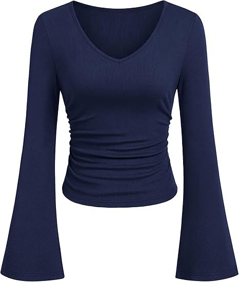 Damen Geripptes Cropped-Top mit V-Ausschnitt, taillierter Raffung und ausgestellten Trompetenärmeln Drune