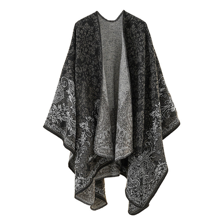 Damen Strickponcho im Ethno-Jacquard mit offenem Fall Drune