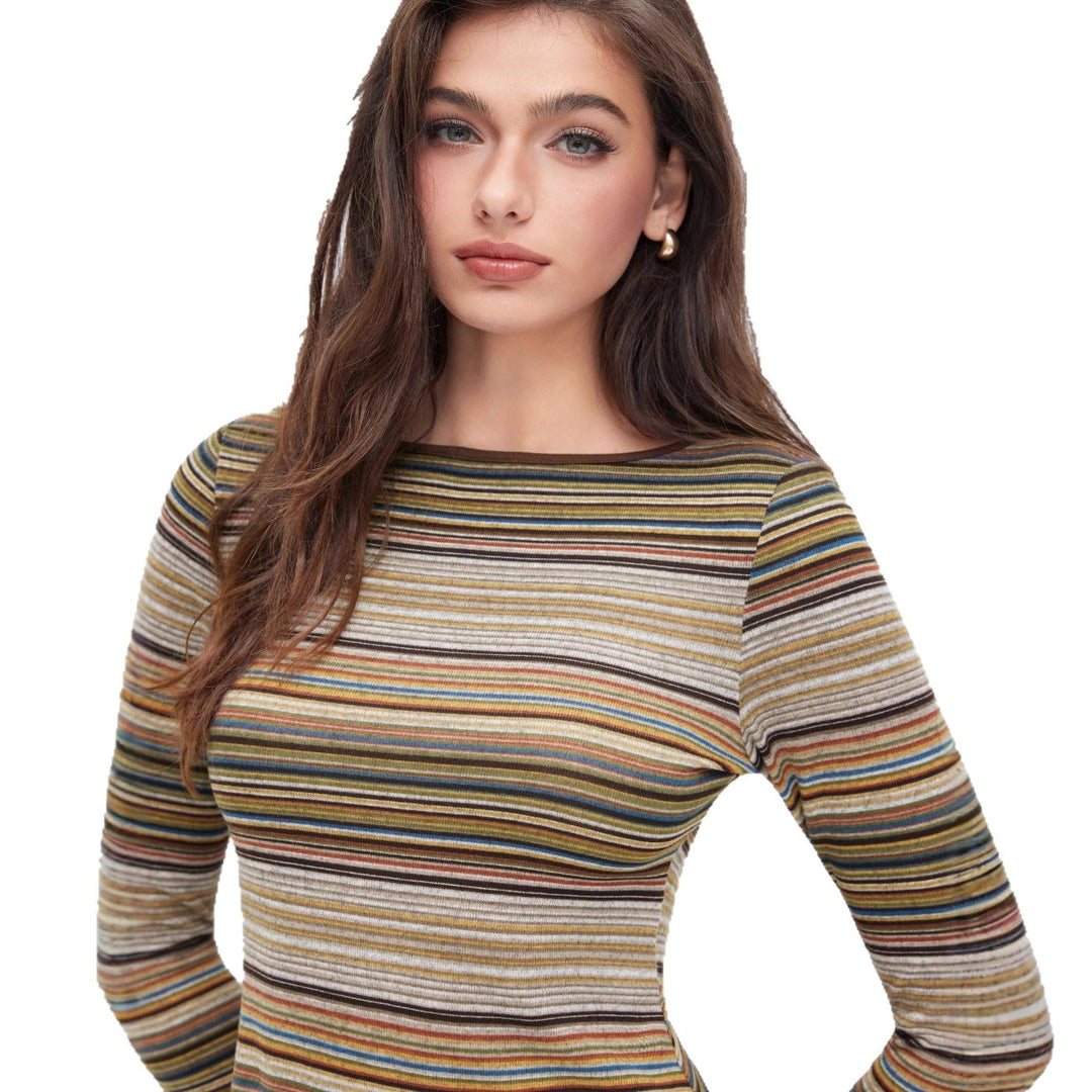 Damen Gestreiftes Feinstrick-Minikleid mit taillierter Silhouette und langen Ärmeln Drune