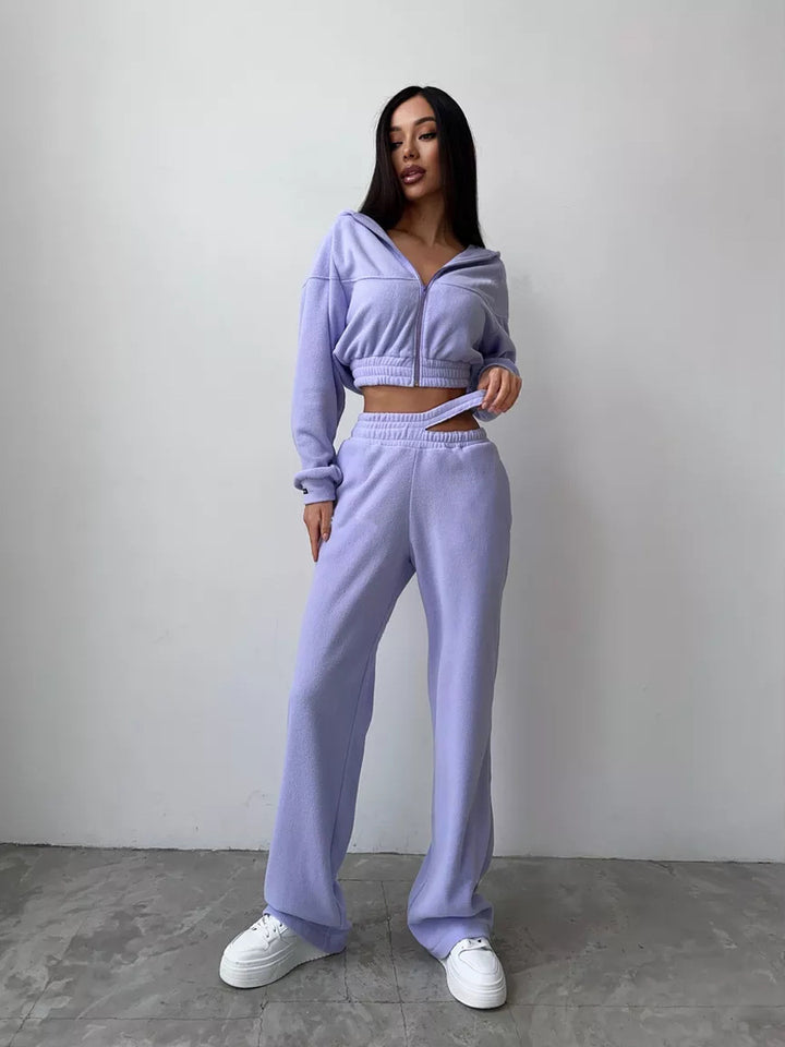 Damen Cropped Fleece-Set mit kurzem Zip-Hoodie und hoher Taillen-Jogginghose Drune