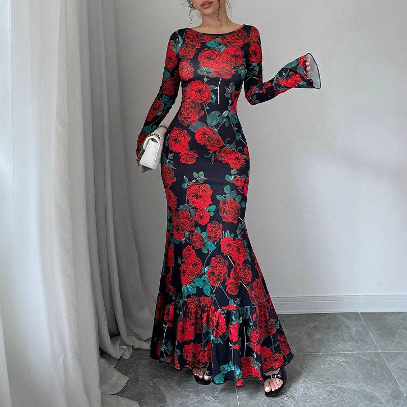 Damen nan eng anliegendes Maxikleid mit Meerjungfrauen-Schnitt, langen Glockenärmeln und Rüschensaum Drune