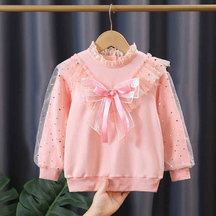 Mädchen modisches Sweatshirt mit dekorativen Tüllärmeln und Schleifendetails Drune