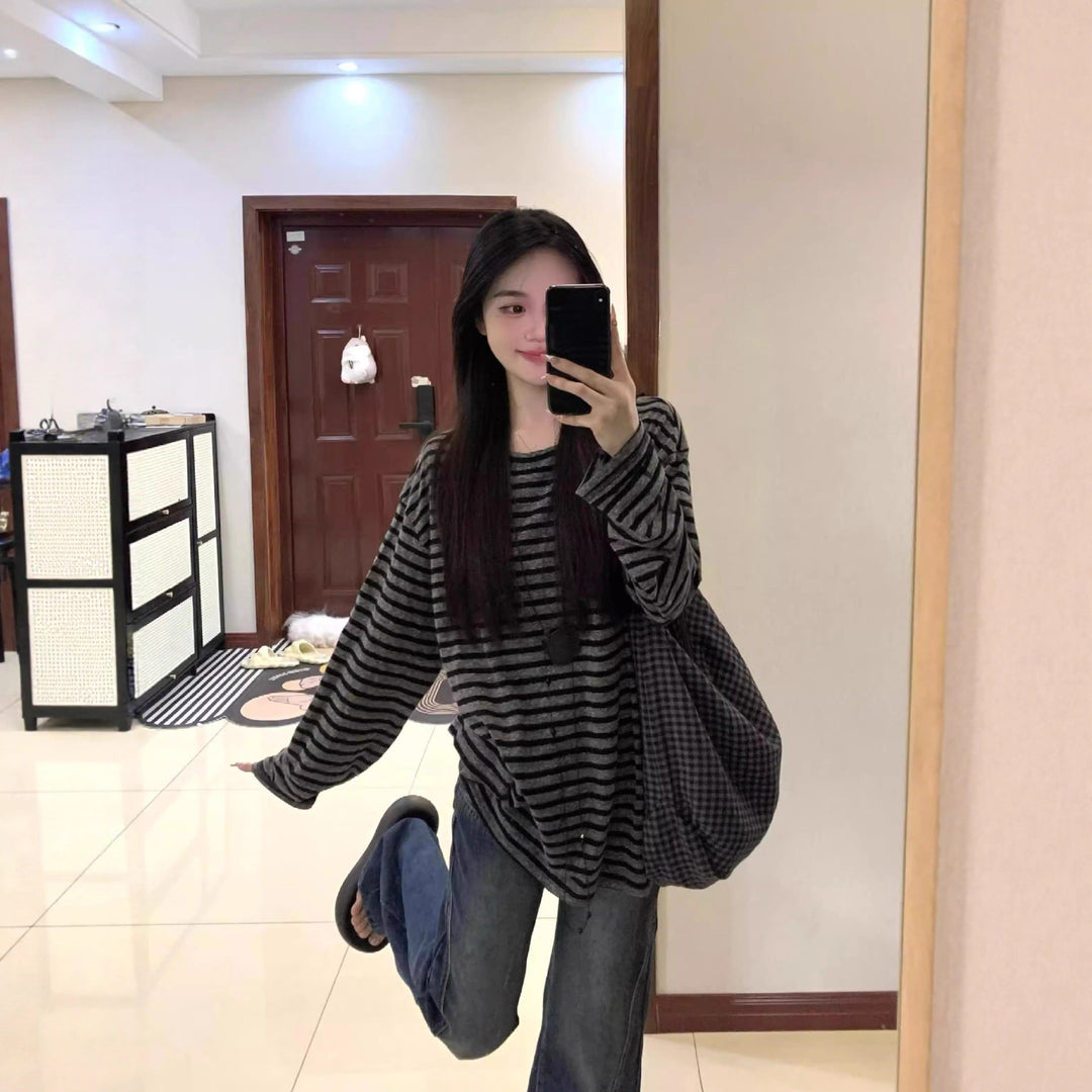 Damen Lässiges gestreiftes Oversized-Shirt mit weiten Ärmeln Drune