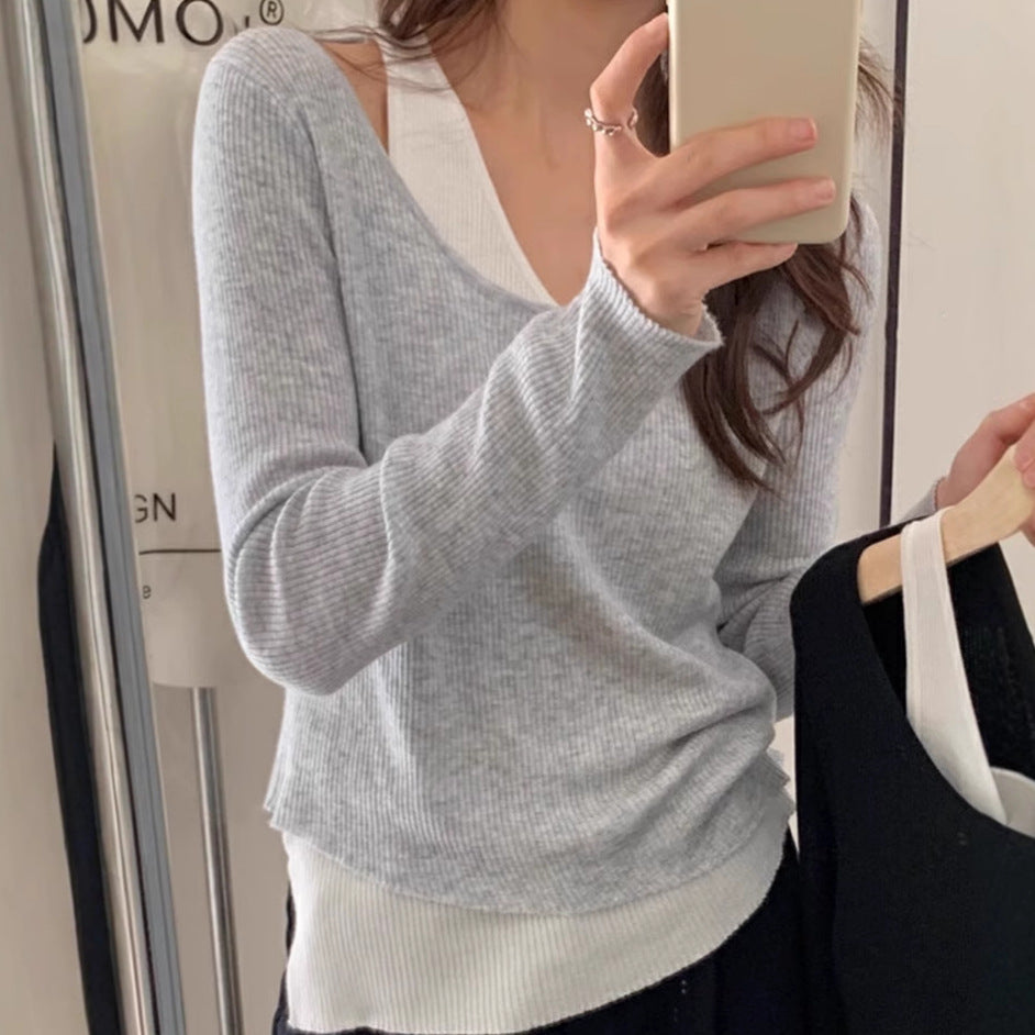 Damen lässiger V-Ausschnitt Strickpullover mit kontrastrierendem Saum Drune