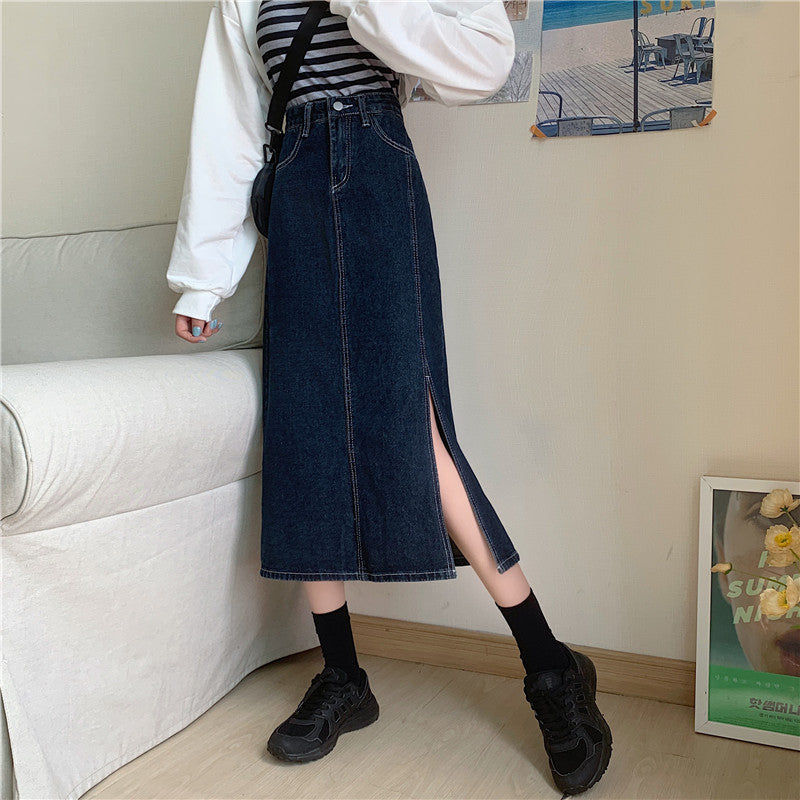 Damen Langer Denim-Rock mit seitlichem Schlitz Drune