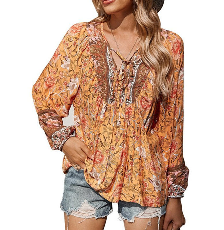 Damen Boho-Bluse mit floralem Print, V‑Ausschnitt mit Bindeband und Plissée-Details Drune