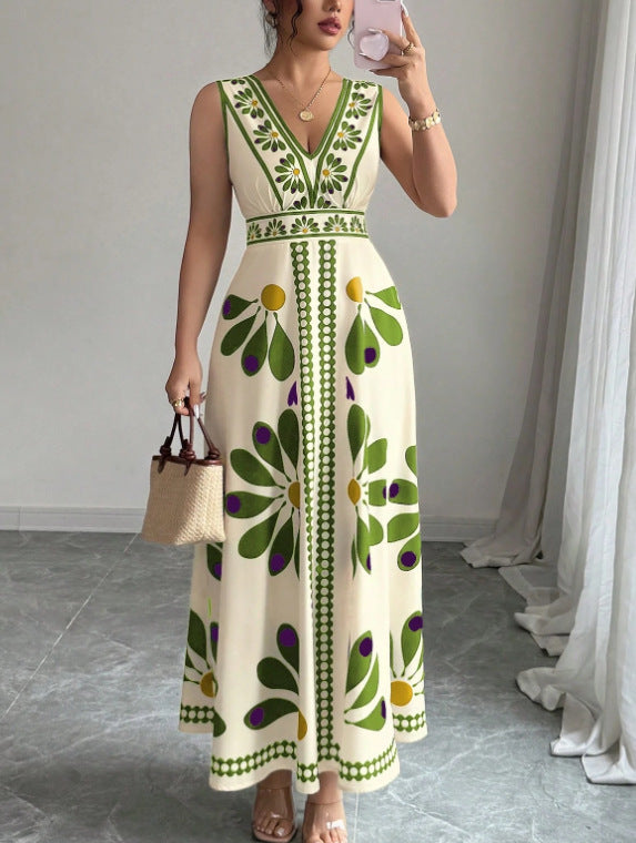 Damen Maxikleid mit voluminösem Blumenmuster und tiefem V-Ausschnitt Drune