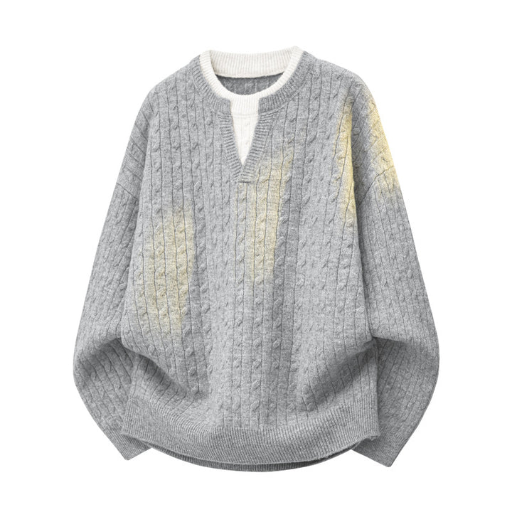 Damen Oversize Zopfstrickpullover mit hohem Rollkragen und Knopfleiste Drune