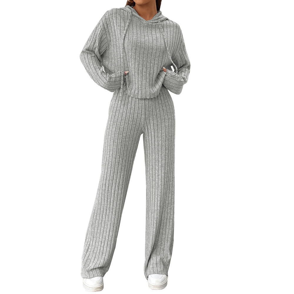 Damen geripptes Lounge-Set mit Kapuzenpullover und weiter Highwaist-Hose Drune