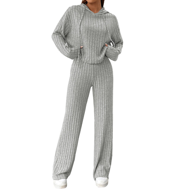 Damen geripptes Lounge-Set mit Kapuzenpullover und weiter Highwaist-Hose Drune