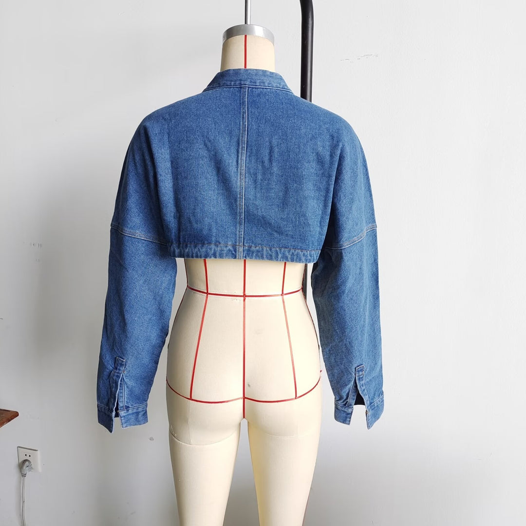Damen nan cropped Jeansbolerojacke mit Stehkragen, oversize-Ärmeln und verdeckter Frontleiste Drune