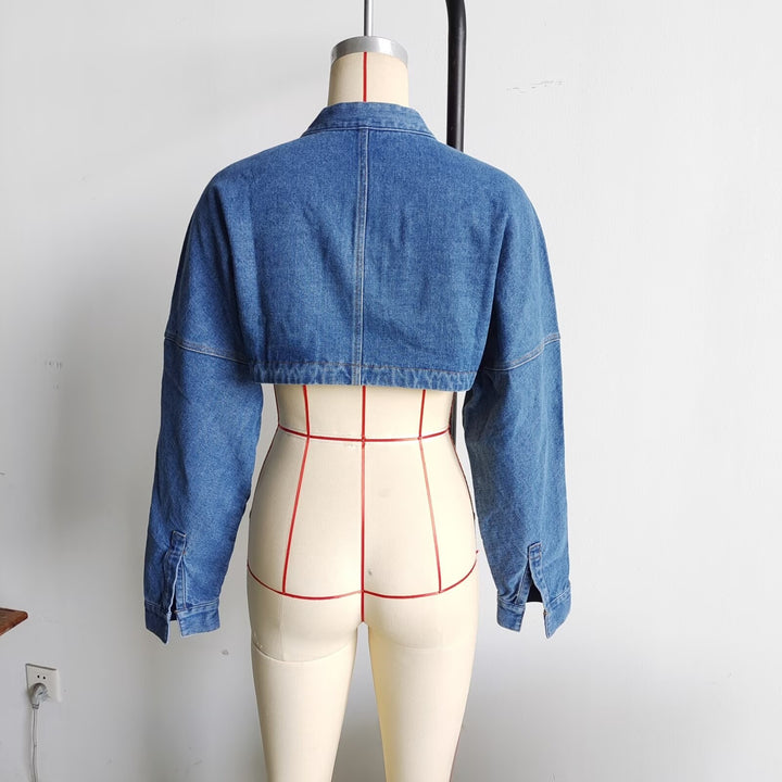 Damen nan cropped Jeansbolerojacke mit Stehkragen, oversize-Ärmeln und verdeckter Frontleiste Drune