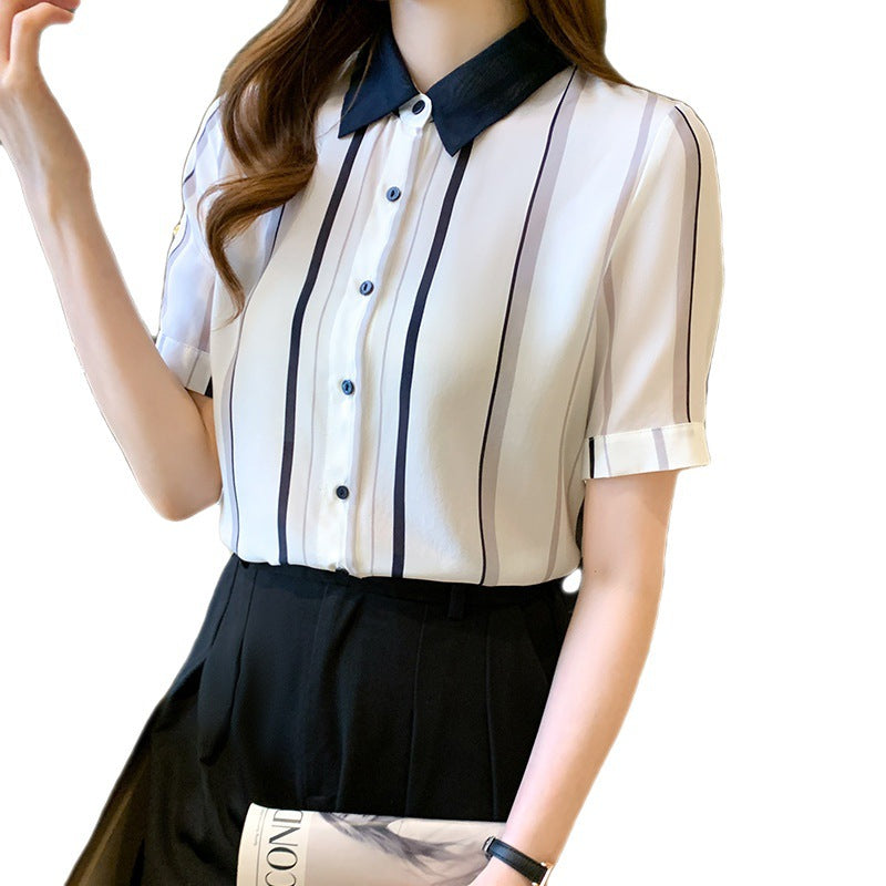 Damen Kurzarm Bluse mit eleganter Streifenmusterung und klassischem Kragen Drune