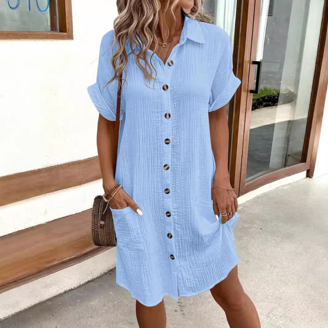 Damen lässiges Hemdblusenkleid aus leichtem Baumwollmischgewebe mit Knopfleiste und Seitentaschen Drune